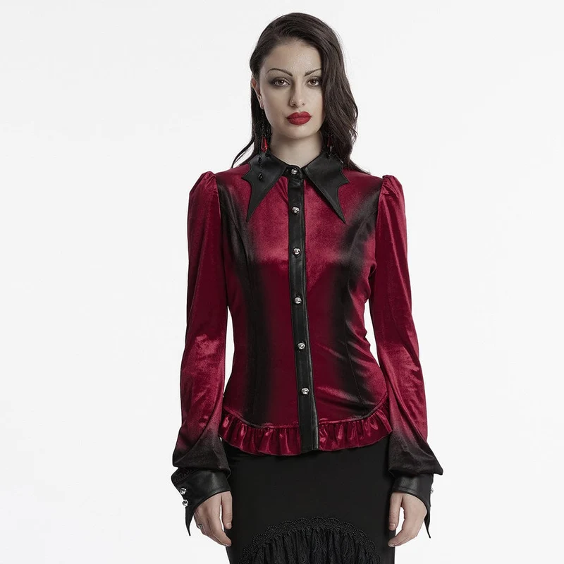 Gothic puffärmad gradient sammetskjorta för kvinnor Röd