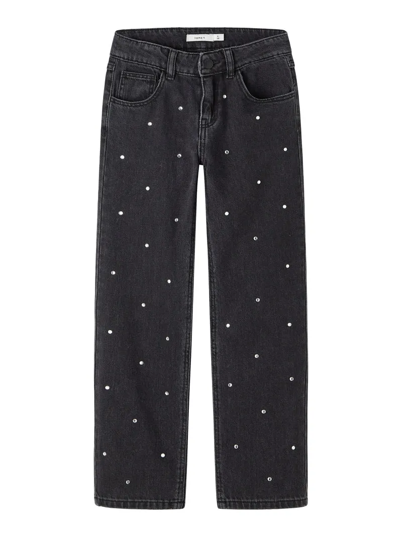 Svarta raka jeans med strassdetaljer