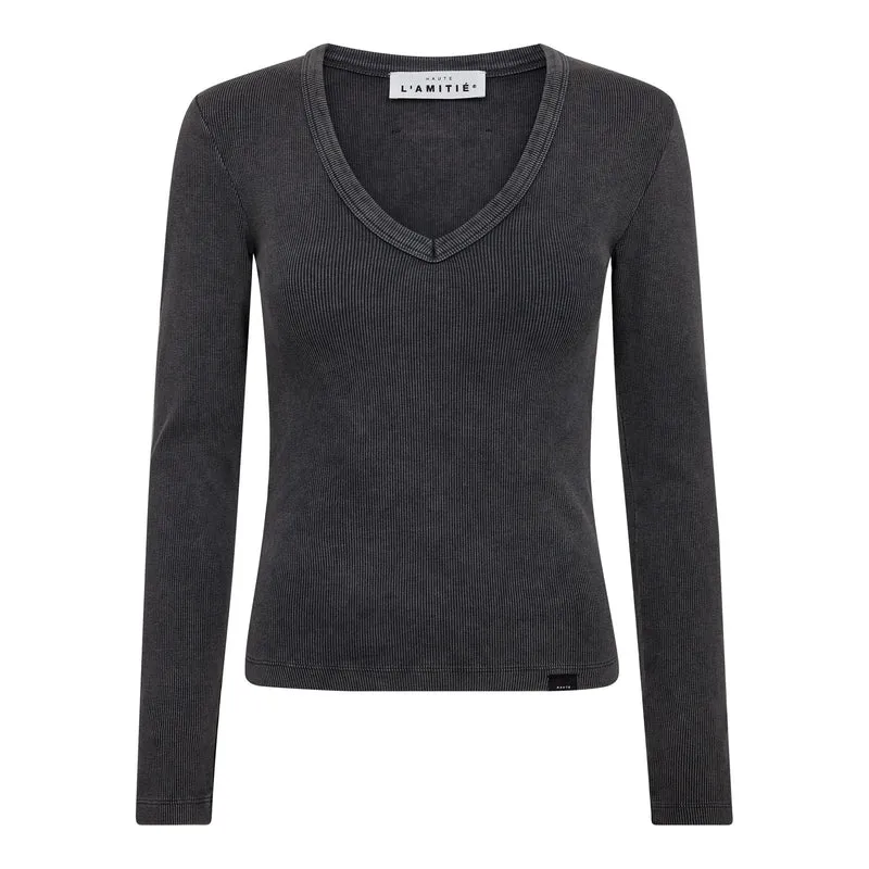 Haute L'Amitié - Deep V Ls Rib Acid Tee HL10892 - Black Acid Wash