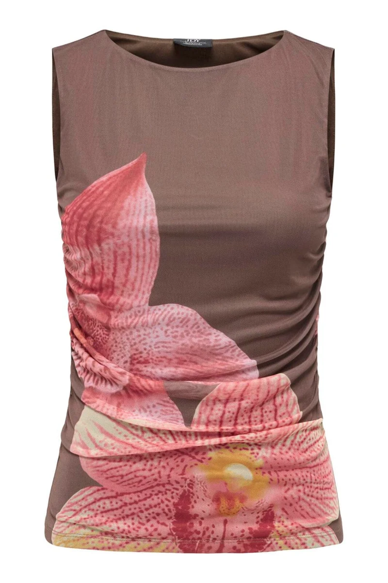JDY - Jdylea S/L Mesh Rouching Top - 5060693 Bracken Hibiscus Flower