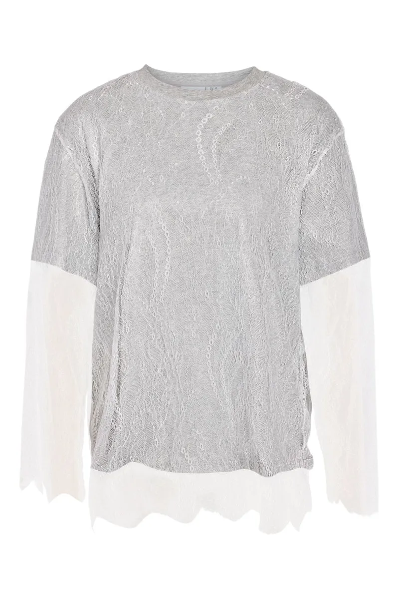 Noisy May - Nmbianka L/S Double Layer Lace Tee - 5123544 Light Grey Melange White Lace