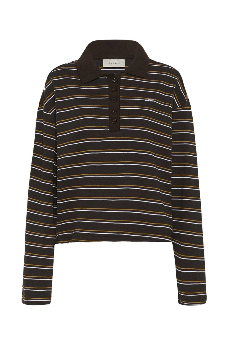 Gestuz - Gzpilova Ls Polo Tee 10911483 - 109843 - Ganache Striped
