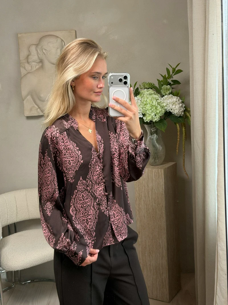 Neo Noir - Massima Paisley Drop Blouse 170432 - 486 - Dark Brown/Evening Rose