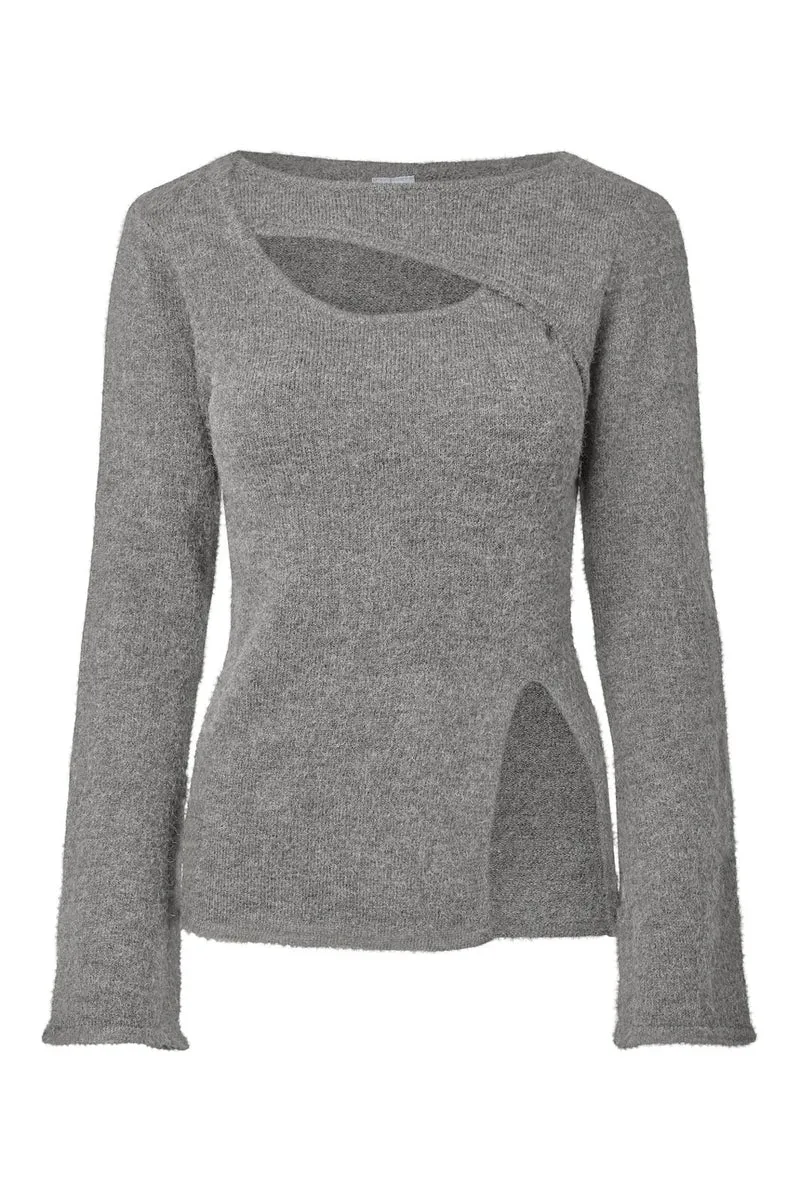 Pieces - Pcvallie Ls Slit Knit - 5196889 Medium Grey Melange