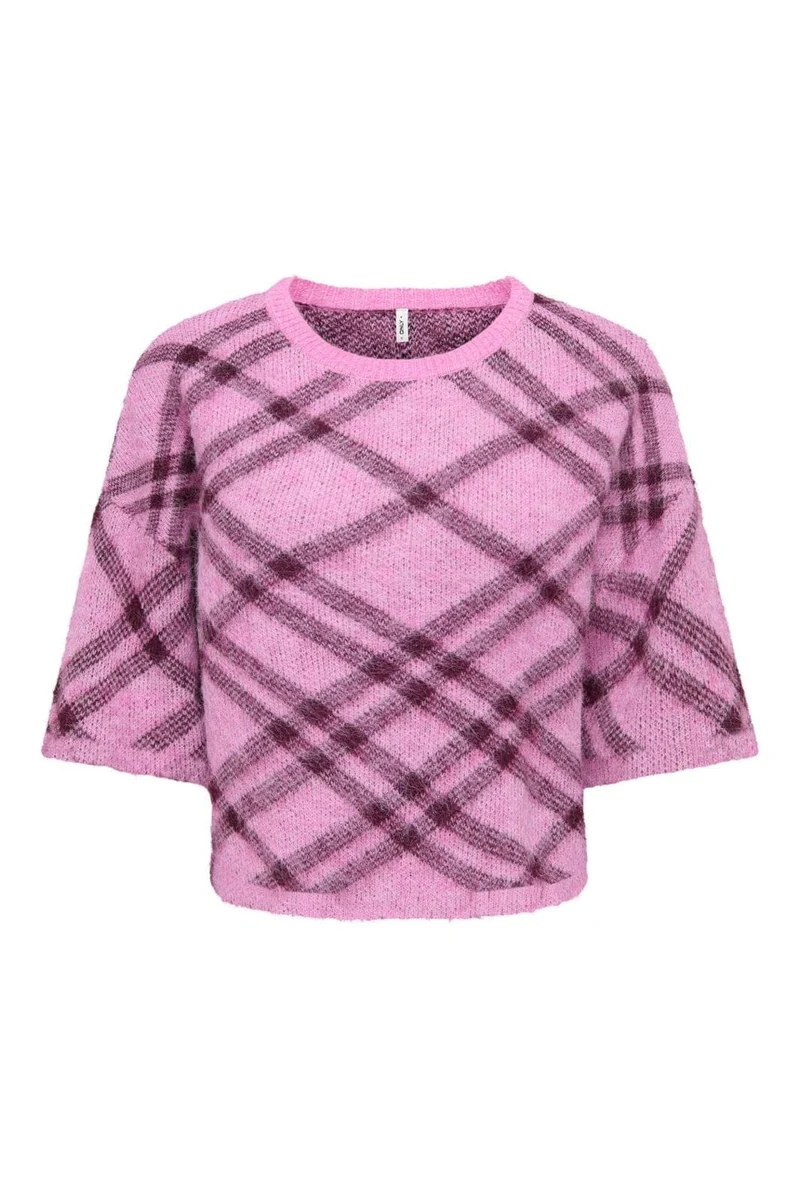 Only - Onlnoeme Ss Pattern O-Neck Knt - 5137184 Cyclamen Check/Fig/Mel