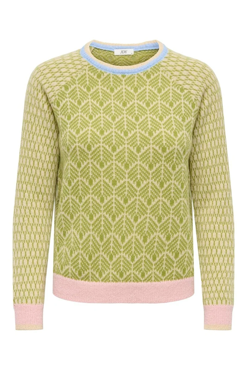 JDY - Jdybryn Life L/S Oneck Jacq Pullover Knt - 5049952 Crème Brûlée W. Woodbine/ Peachskin/ Open Air Jacq.