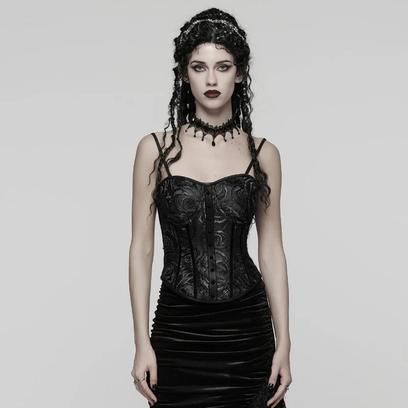 Dam Gothic Rose Jacquard Snörningskorsett Överbyst Svart