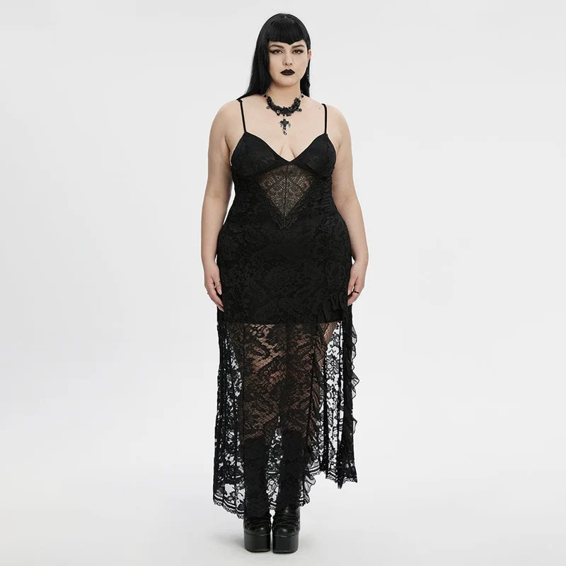 Plus Size Gotisk Klänning med Djup Urringning och Spets för Damer