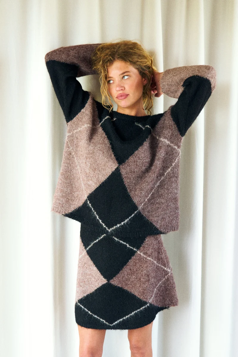 Neo Noir - Gisa Check Fluff Knit Skirt 168283 - 676 - Dark Brown