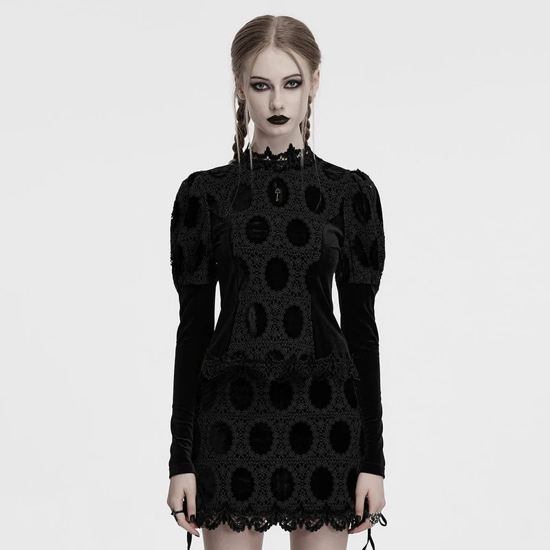 Damskjorta med puffärmar och blommig broderi, gotisk sammet, svart