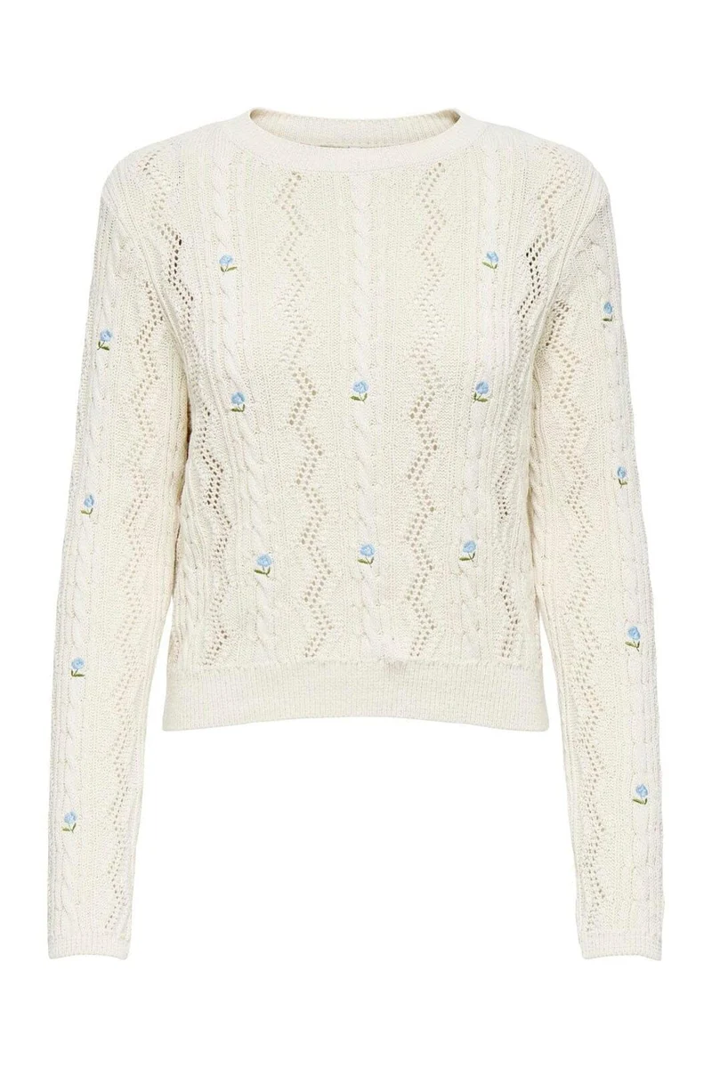 Only - Onlrita Life Ls Embr Cable Knt - 4862606 Ecru Cashmere Blue Flower