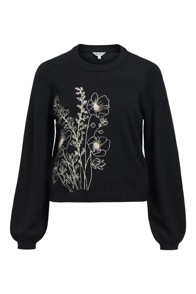 Object - Objthess Veri Ls Knit Emb Pullover - 5069743 Black Flower Embroidery