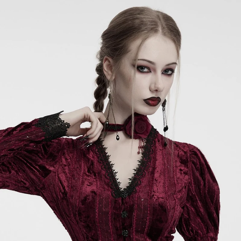 Dam Gotisk Blommig Broderad Rosensammets Choker Röd