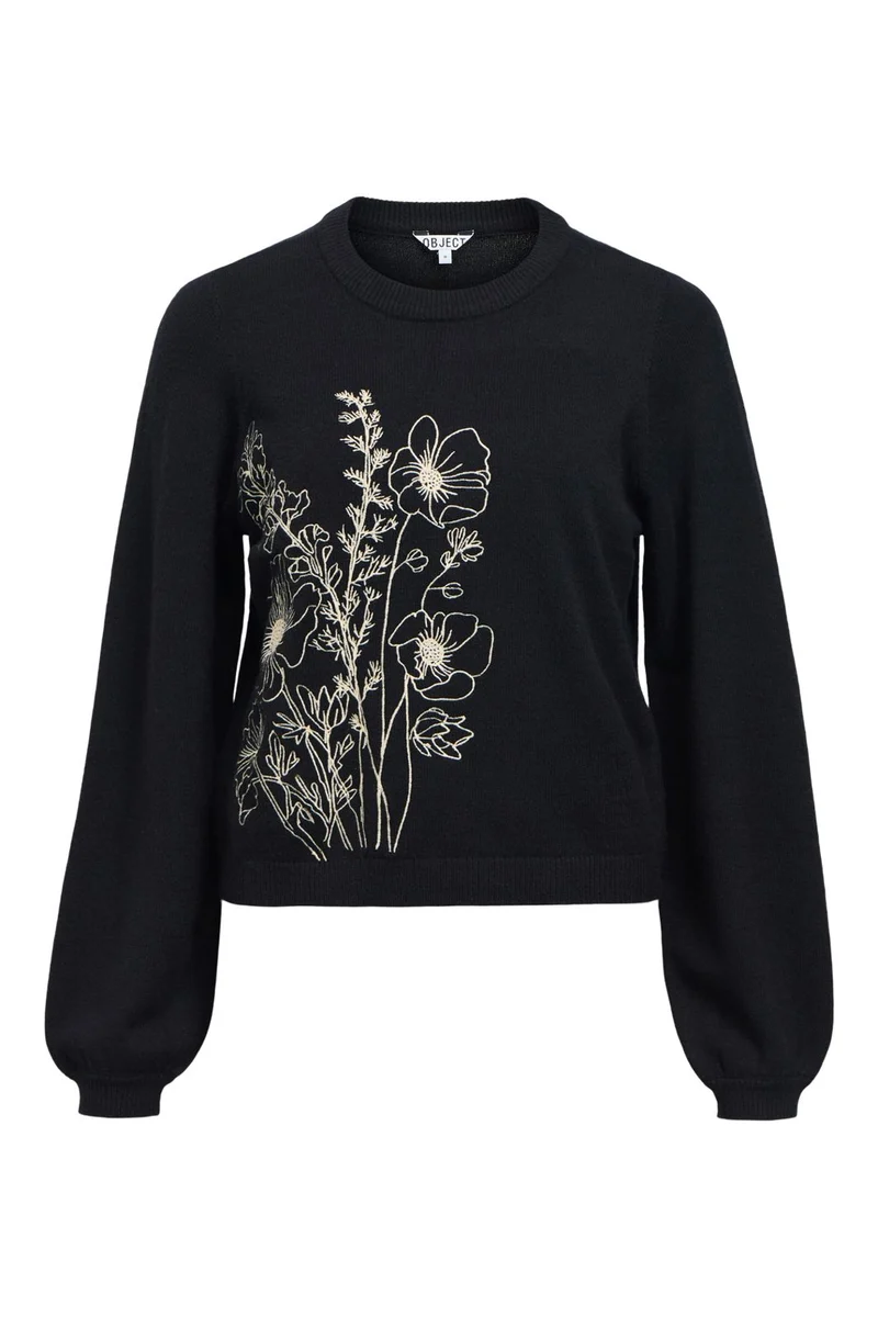 Object - Objthess Veri Ls Knit Emb Pullover - 5069743 Black Flower Embroidery