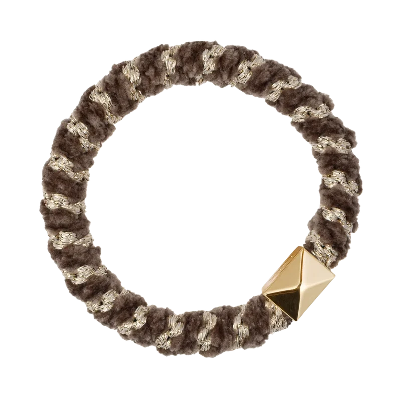 Fluffy Fat Hair Tie W/Gold - Warm Taupe Stripe