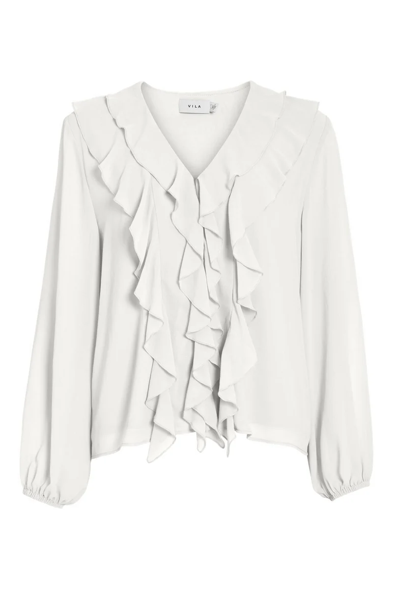 Vila - Viane L/S V-Neck Frill Top/Ka - 4977835 Snow White