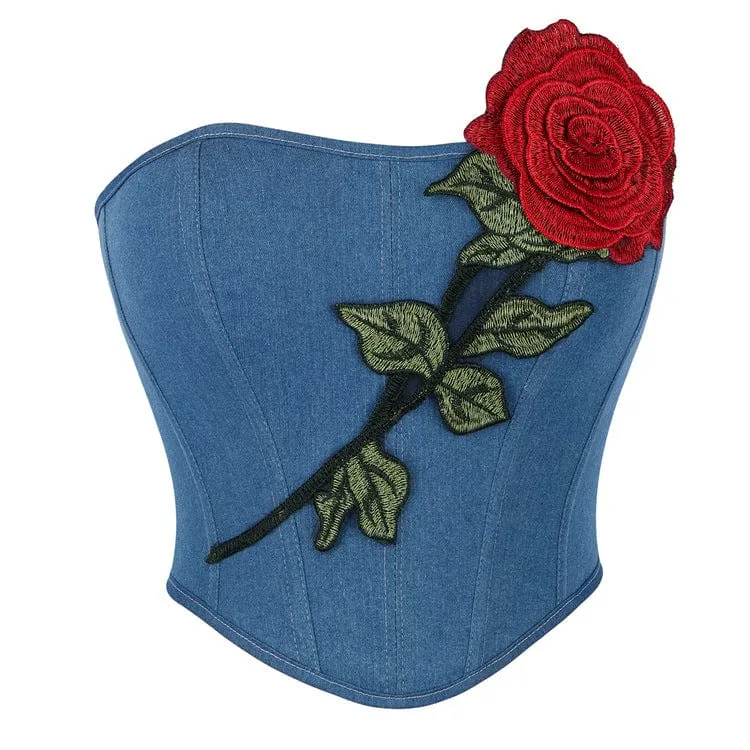 Kvinnors gotiska snörningskorsetter med broderade rosenöverbyst Blå
