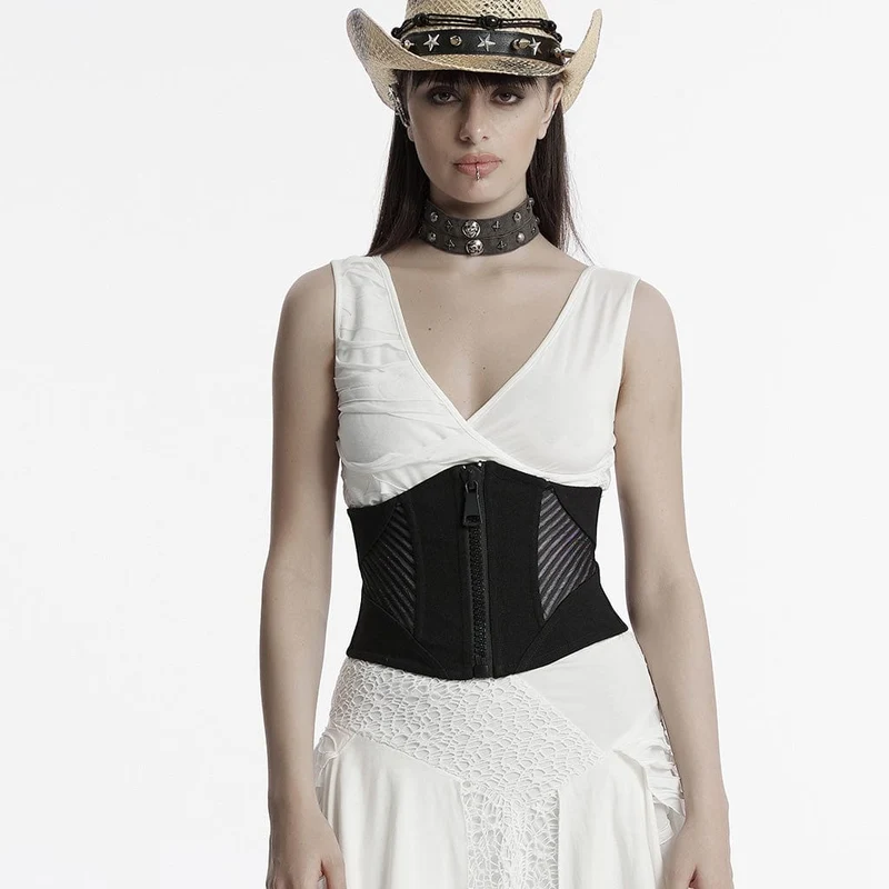 Punk Mesh Splice Zipper Underbust Korsett för kvinnor