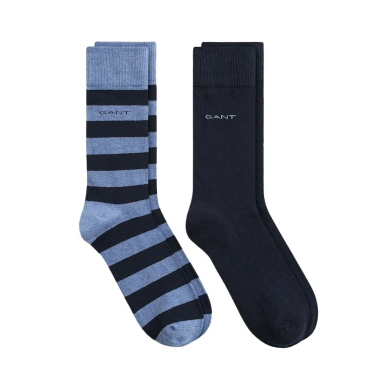 2 Pack - Barstripe And Solid Socks - Denim Blue Melange
