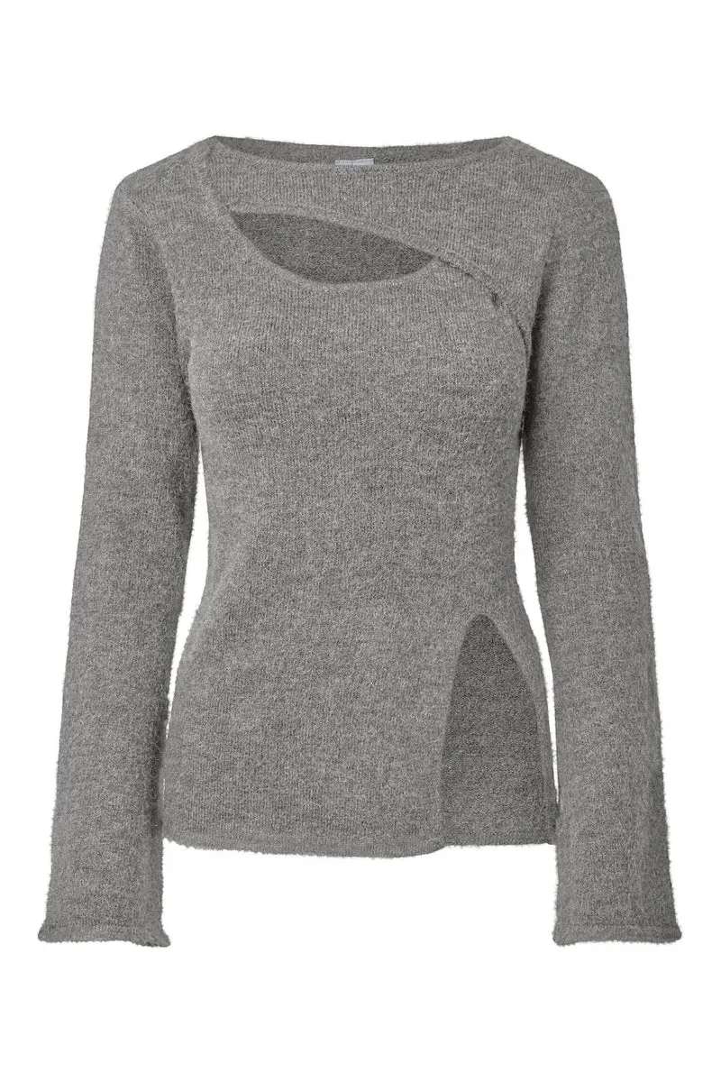 Pieces - Pcvallie Ls Slit Knit - 5196889 Medium Grey Melange