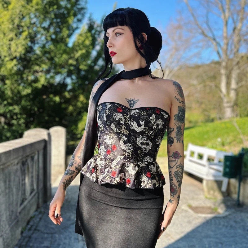 Gothic Koi Fish tryckt volangkorsett för kvinnor