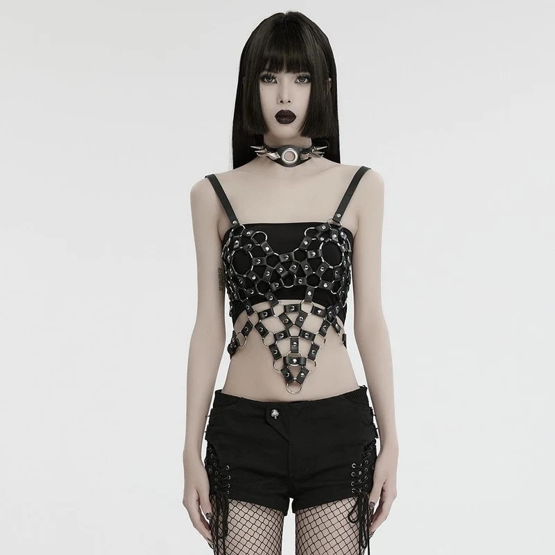 Punk Cutout Ring Faux Läder Crop Top för kvinnor