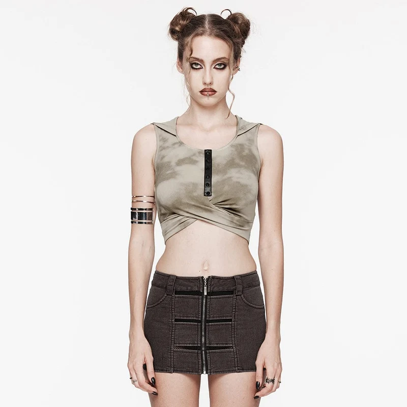 Punk Cutout Crossed Tie-dyed linne för kvinnor med huva