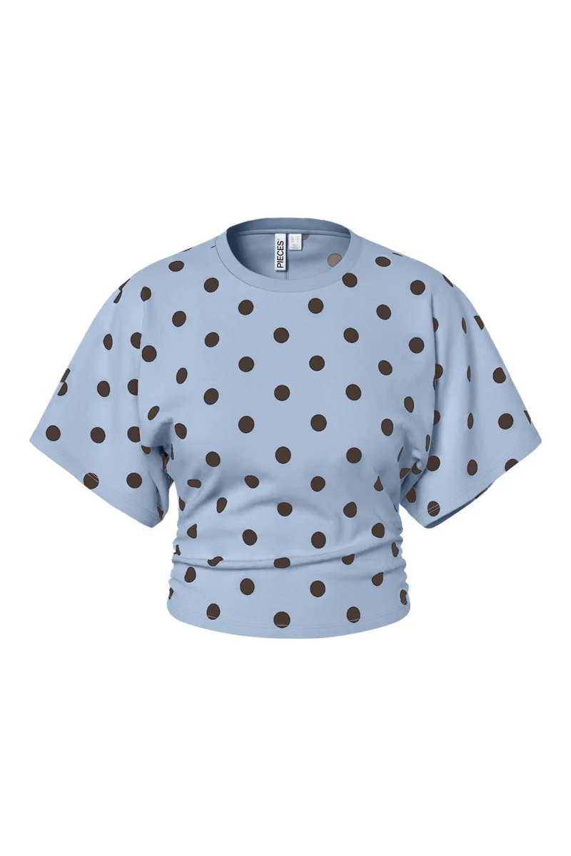 Pieces - Pcalli Ss O-Neck Top Dm - 5217128 Cashmere Blue Dots - Hot Fudge