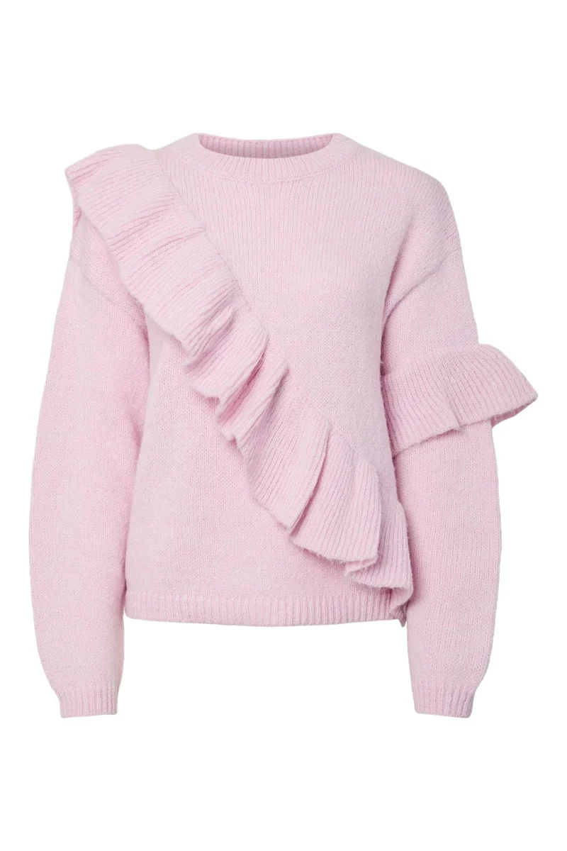 Pieces - Pcnor Ls O-Neck Knit Frill Pullover - 4993337 Pink Tulle