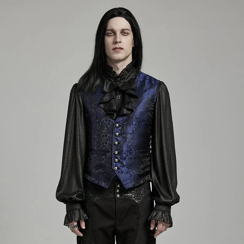 Gothic Floral Jacquard för herrar med snörning Svart blå väst