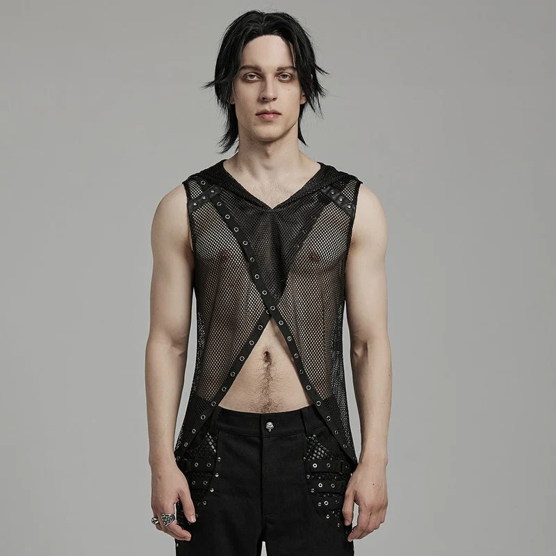 Men's Punk Irregular Eyelet Mesh-väst med huva