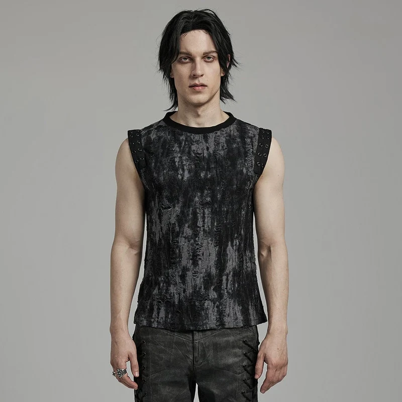 Gothic Punk Ripped Eyelet för män, svart grå linne