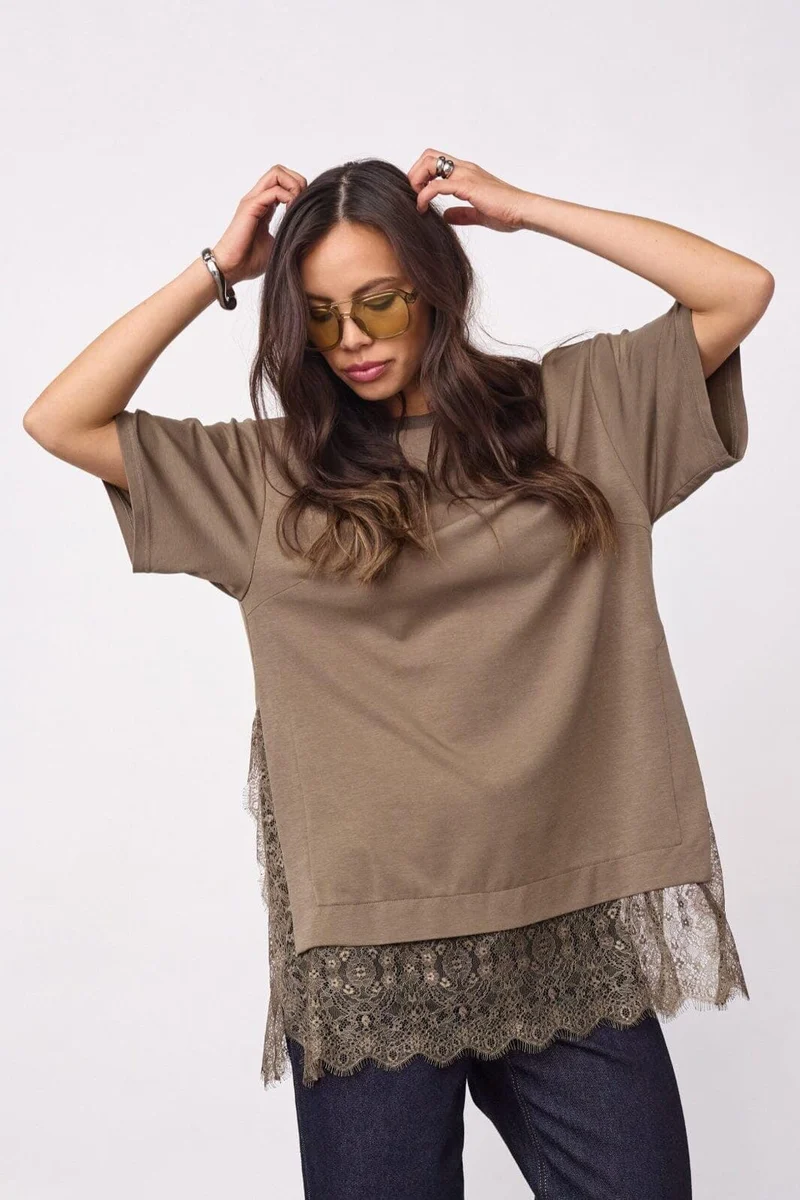 Co´Couture - Larsoncc Mix Lace Tee 500414 - 60009 - Olive