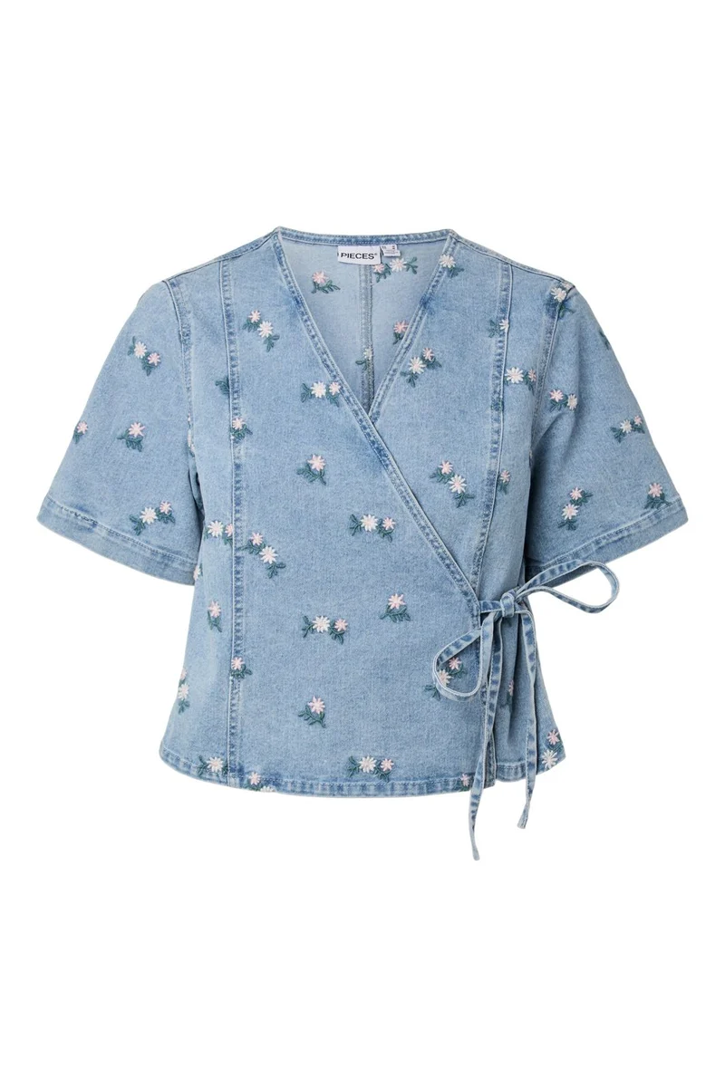 Pieces - Pcflora Ss Wrap Emb Shirt - 5106544 Light Blue Denim Embroidery