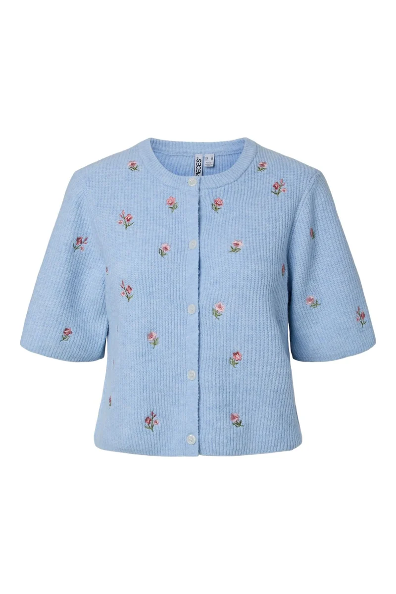 Pieces - Pcsilly Ss O-Neck Emb Knit Cardigan - 5134687 Cashmere Blue White Flower