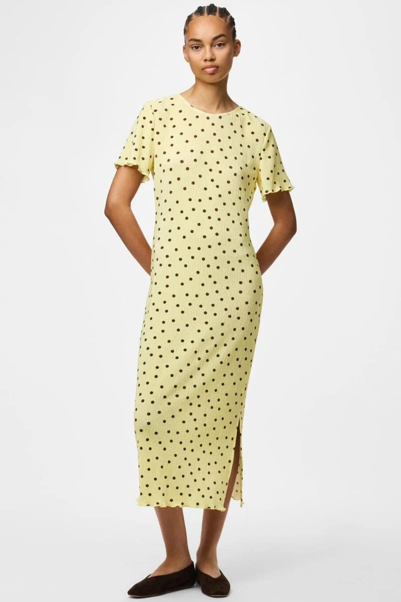 Pieces - Pcflora Ss Midi Dress Cp - 5017914 French Vanilla Brown Polka Dots