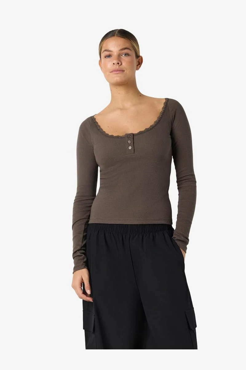 Noisy May - Nmmaya L/S Lace Henley Top - 5048370 Chocolate Brown