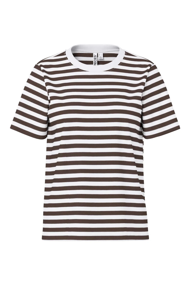 Pieces - Pcria Ss Tee Stripes - 5048825 Hot Fudge Bright White