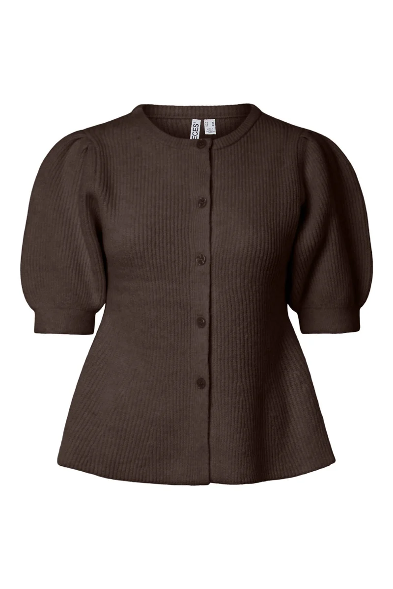Pieces - Pcsilly Ss Puff Knit Cardigan - 5102772 Hot Fudge Melange