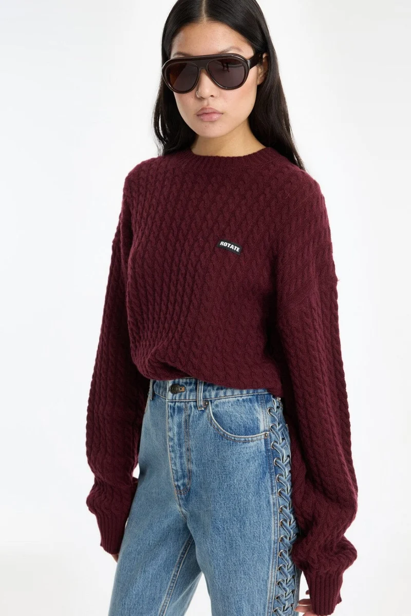 Rotate - Cable Crewneck Sweater 116437741 - 741 Decadent Chocolate