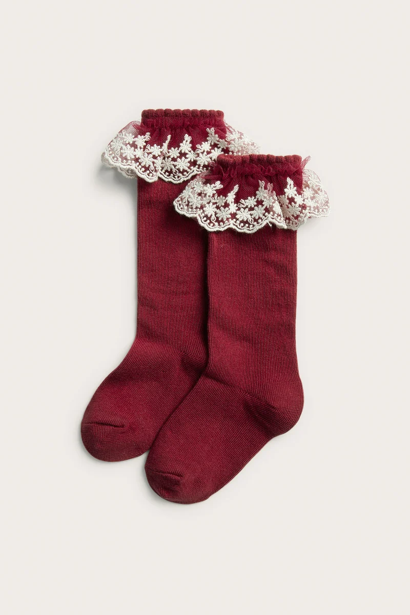 Kids red knee-highs with lace frill