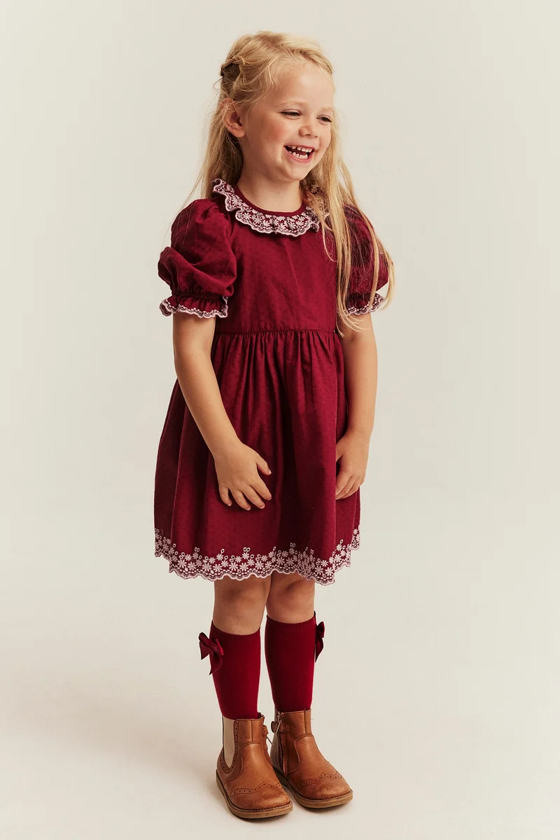 Kids red embroidered dress with frill