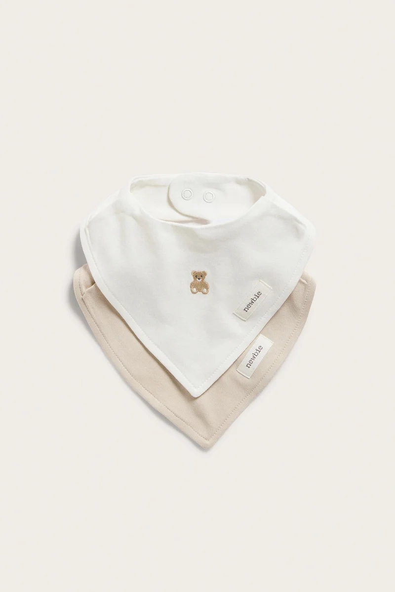 Baby white/beige teddy bear bibs 2pk