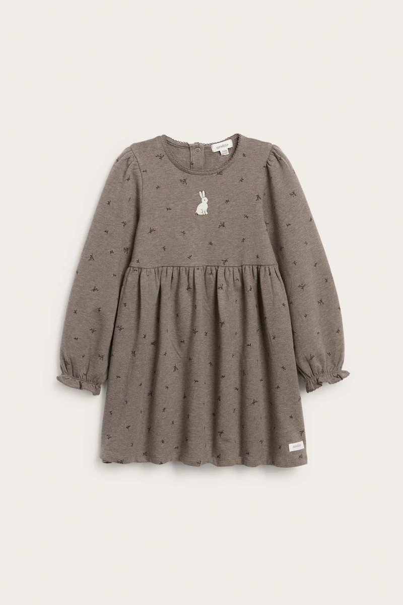 Kids brown long-sleeved dress with rabbit