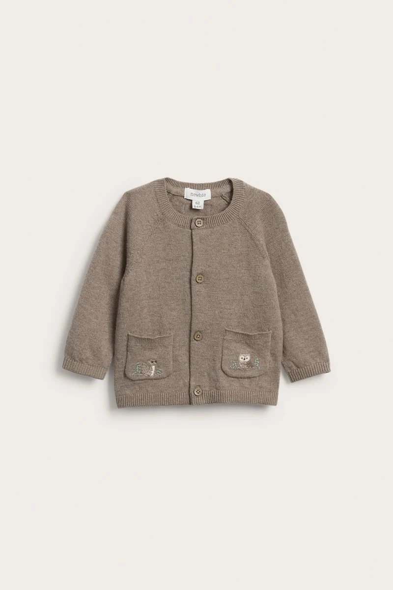 Baby brown wool-blend cardigan with embroidery