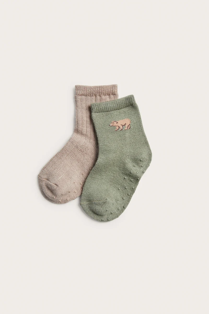 Baby beige/green wool-blend socks 2pk