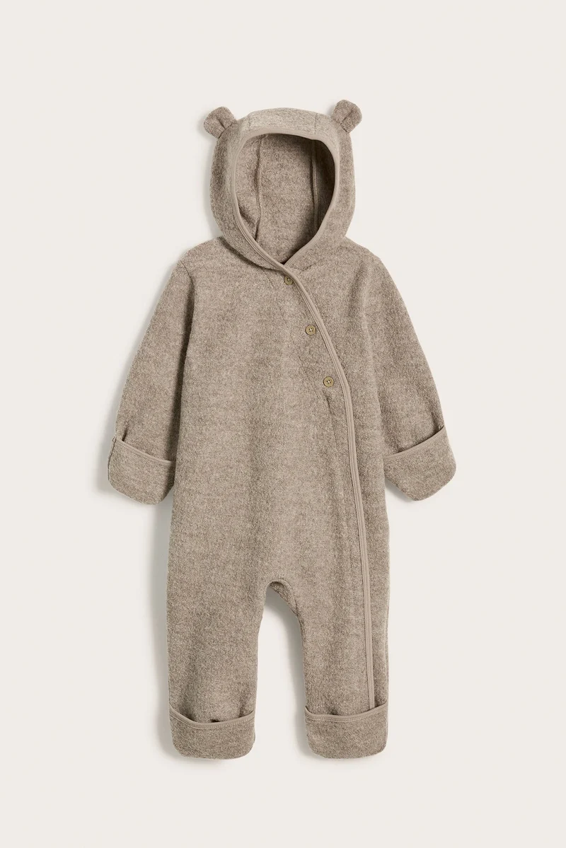 Baby brown wool pramsuit with hood ears