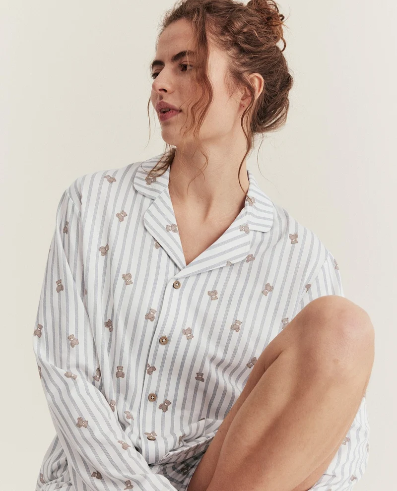 Women's white striped teddy bear pyjamas