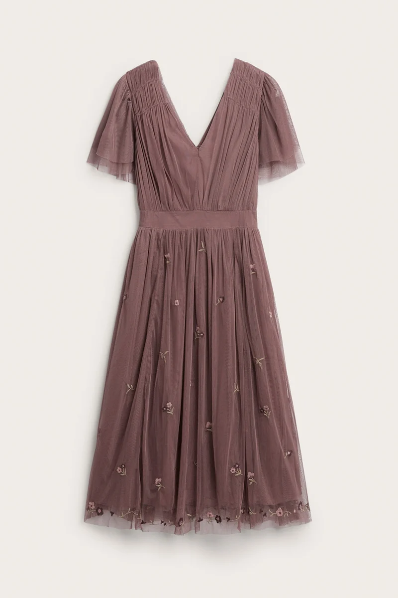 Women's pink floral mesh dress with embroidery
