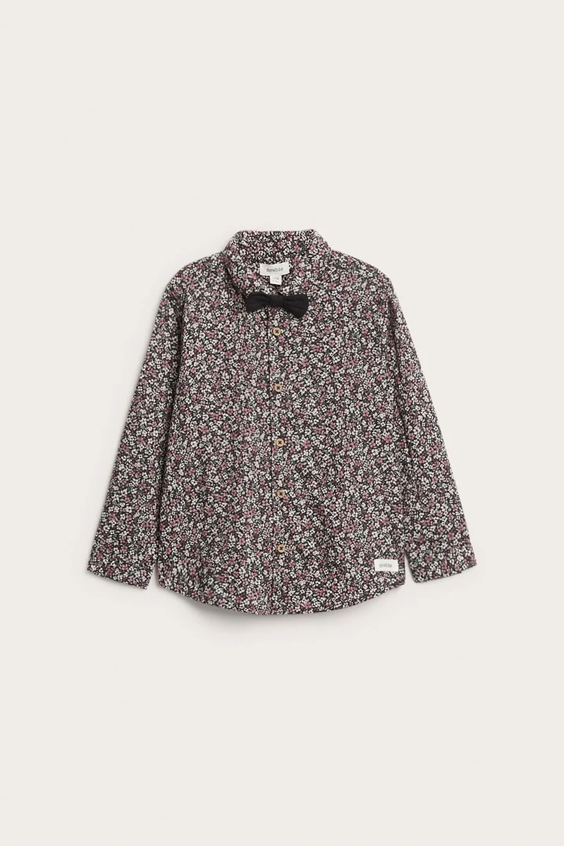 Kids black ditsy floral shirt with bow tie